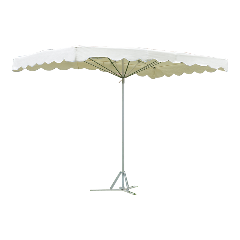 Tabel dreptunghi negru și umbrelă de terasă de piață
